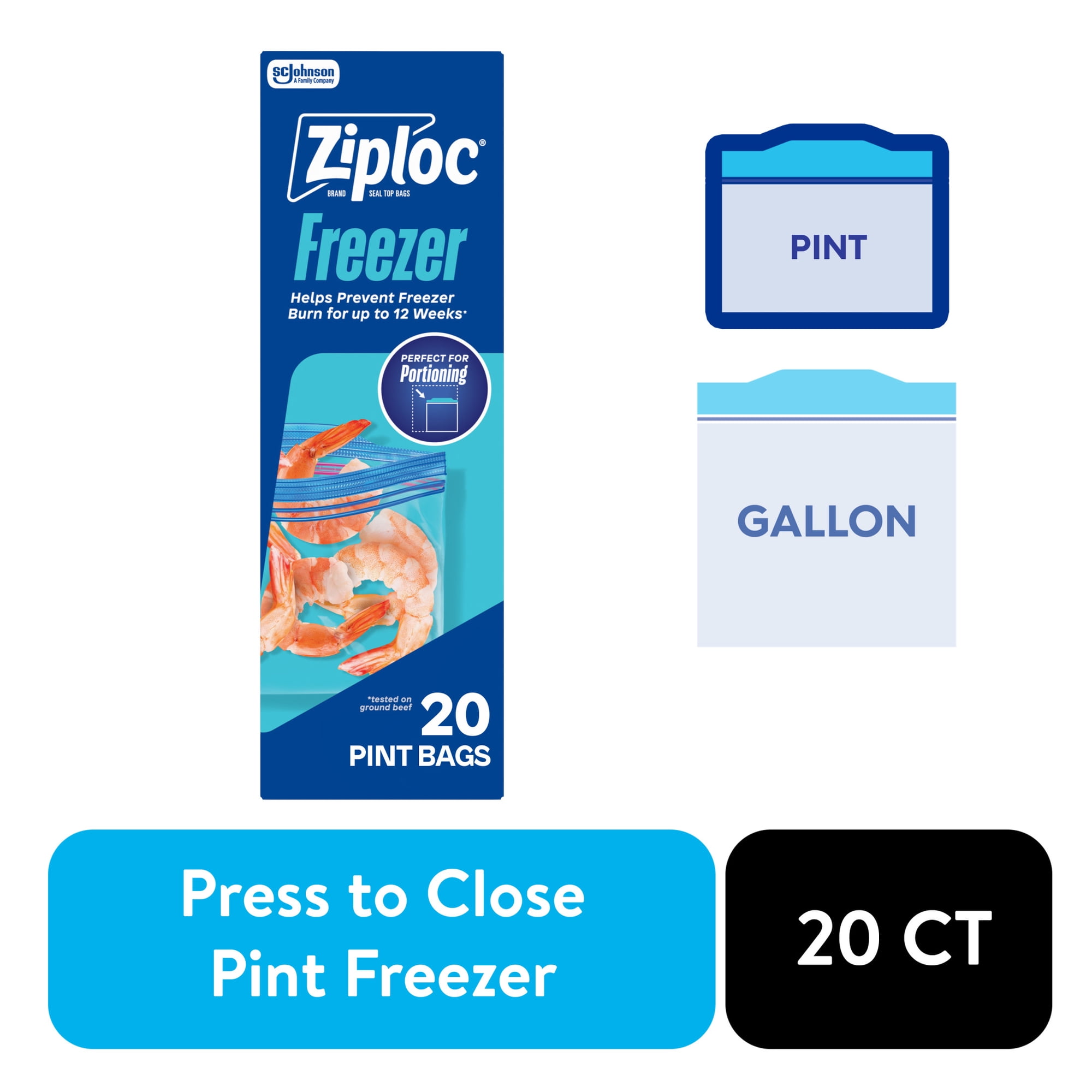 Ziploc Brand Pint Freezer Food Storage Bags, School Supplies, Grip 'n Seal Technology, Zipper, 20 Count