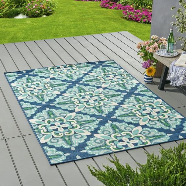 Sage Outdoor Floral 5' x 8' Area Rug, Blue and Green