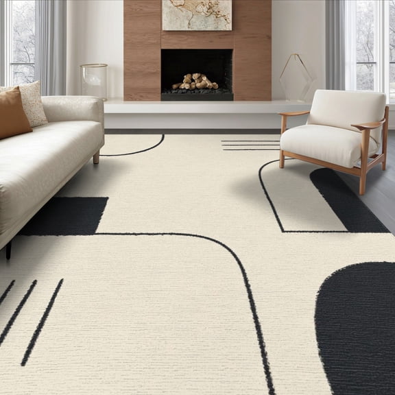 ODIKA 8'x10' Washable Area Rug Durable, Non-Slip Beige Black Geometric Abstract Art Design Contemporary Visuals with Minimalist Shapes for Living Room, Under Sectional, Family