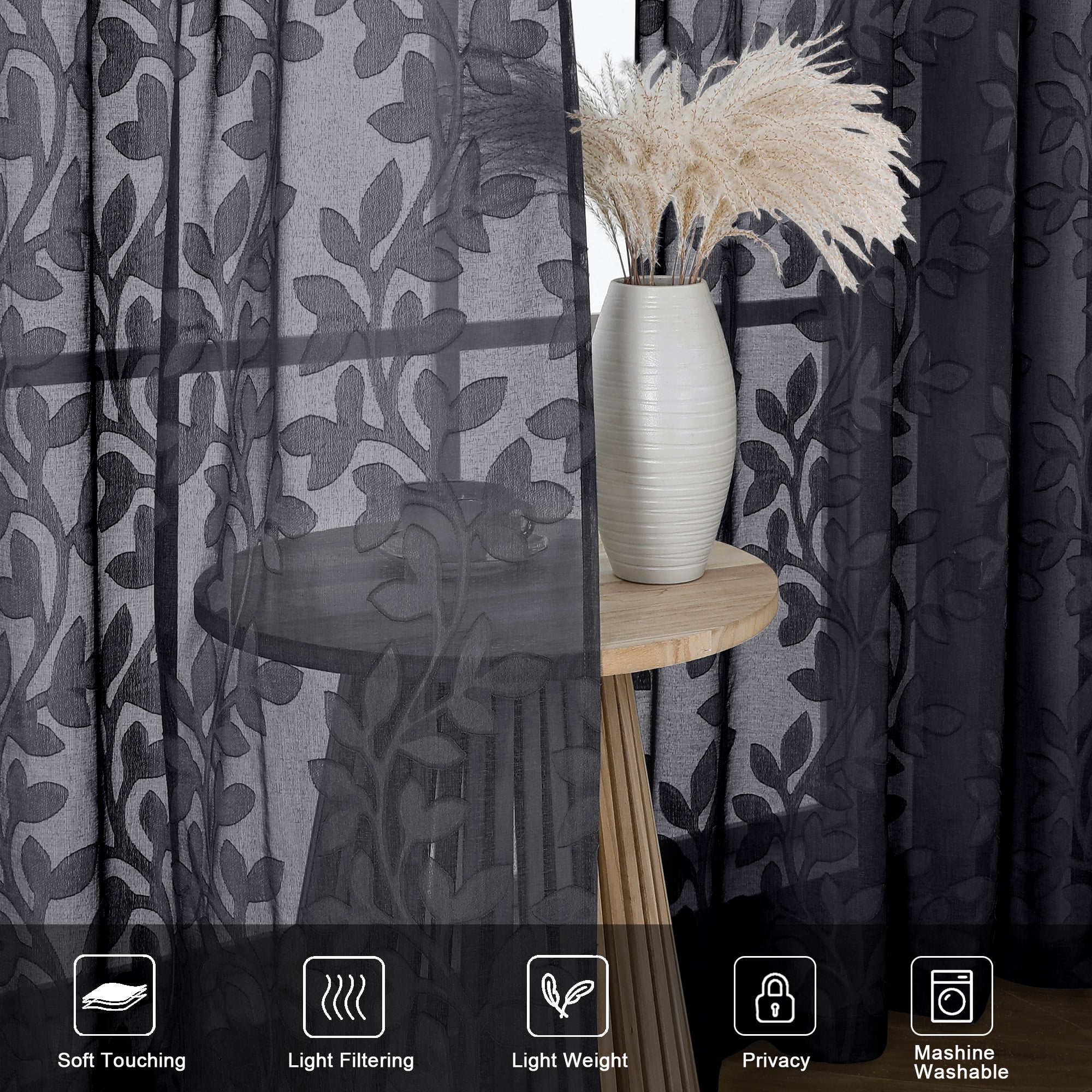 OVZME Darla Sheer Black Curtains 63 Inch Length 2 Panels Set, Light Filtering Breathable Textured Jacquard Curtains, Window Curtains for Living Room with Rod Pocket, Each 42Wx63L Inch