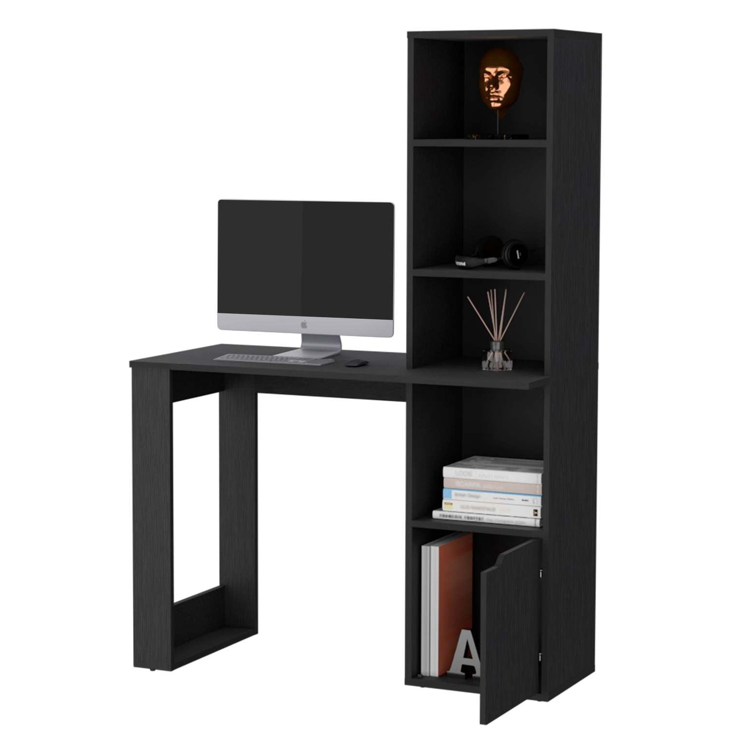 Asteroutdoor Computer Desk with 4-Tier Bookcase and 1-Door Cabinet, Wenge
