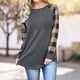 thumbnail image 4 of Camiseta de mujer, cuello redondo, manga larga, empalme a cuadros, camiseta informal, cuadros caqui, XL kenally  AP000777-14, 4 of 7