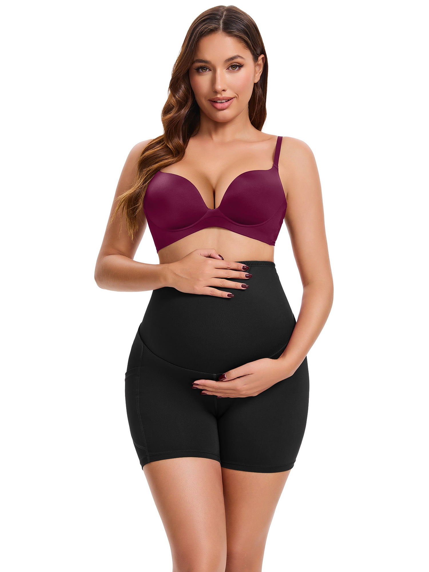 DARING DIVA Women's Maternity Mid Thigh Belly Support High Waist Shorts S Black