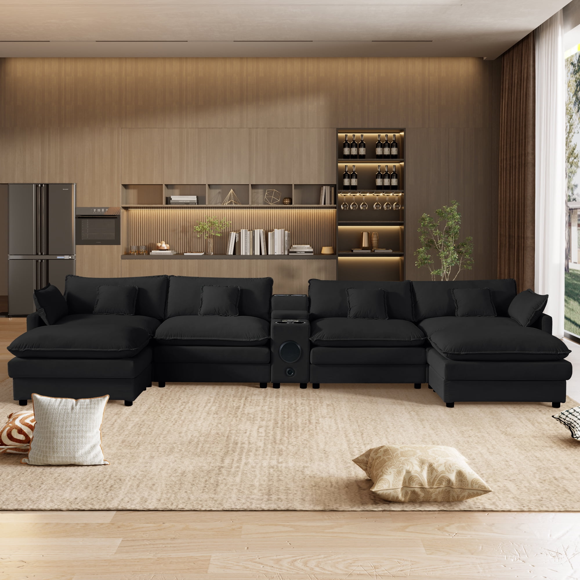 Wiilayok 163.2" U Shaped Sectional Sofa,Velvet Cloud Modular Sectional Sofa Couch Set with Double Chaise,Central Console,Cup Holder for Living Room,Black
