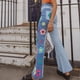 thumbnail image 4 of Azul M parche bordado contraste color patchwork jeans cintura alta slim fit campana pantalones nuevos, 4 of 7