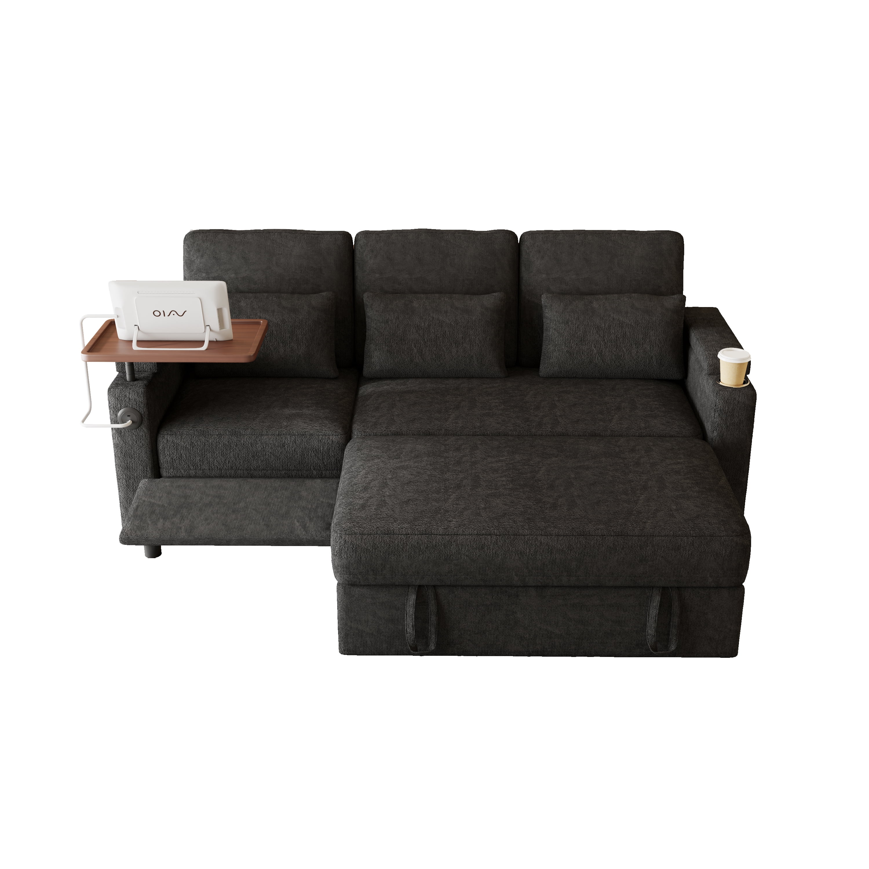 83" 3-in-1 Chenille Foldable Sofa Bed with Electric Chair,USB Ports,Table Board,Storage Armrests & Adjustable Backrest,3-Seater Sleeper,Black