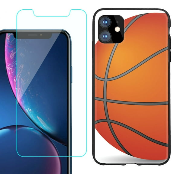 For Apple iPhone 11 Phone Case , Slim-Fit TPU Protective Case (Black), with Tempered Glass Screen Protector, by OneToughShield ® - Basketball