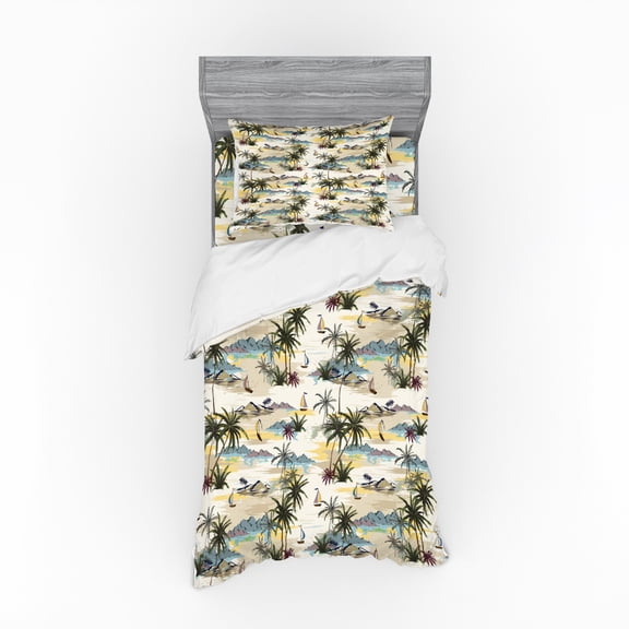 Tropical Duvet Cover Set, Hand Drawn Pastel Hawaiian Scene with Palms Island Beach Ocean, Bedding Set with Shams and Fitted Sheet, 3 Sizes, by Ambesonne