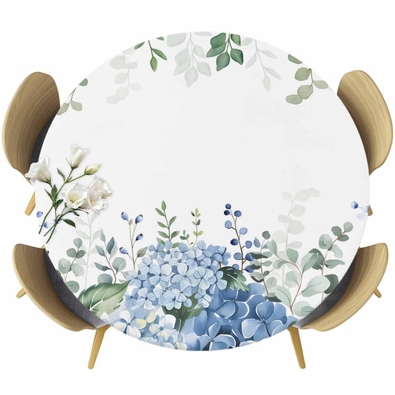 Round Table Cover 36-44 Inch Blue Flower Waterproof Reusable Table Cloth Round Fitted Vinyl Tablecloth with Elastic Edged for Parties Outdoors, Sage Green Eucalyptus Leaves Farm Plant