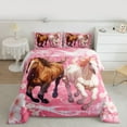 thumbnail image 2 of Feelyou Cartoon Racing Horse Queen Comforter Set, Spring Cherry Blossoms Bedding Sets, Kawaii Animal Pink Reversible Bedding Comforter Set, Breathable Home Decor, 3 Pieces, 2 of 8