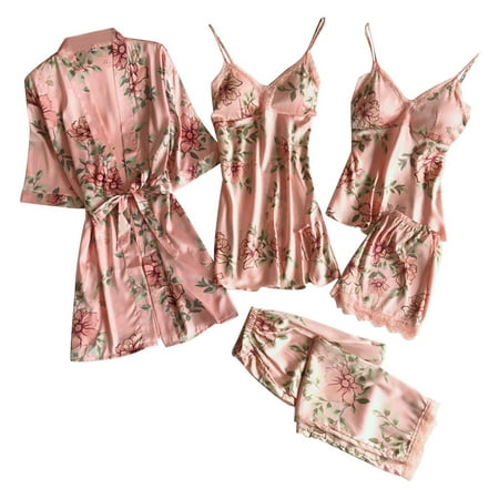 

RQYYD Clearance Women s 5 Piece Sleepwear Floral Print Satin Cami Pajama Set Silk Lace Trim Nightgown with Robe Pink L