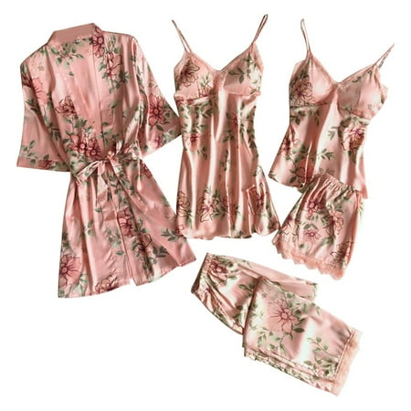 

Honeeladyy Discount Womens Satin Pajama Sets 5 Pieces Floral Print Pyjamas Lace Sleepwear Cami Top Retro Silk Pijama with Chest Pads