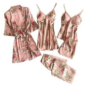 Koudehua Womens Pajama Sets Lingerie 5PC Lace Satin Robe Bathrobe Trousers Shorts Set Pajamas Sleepwear