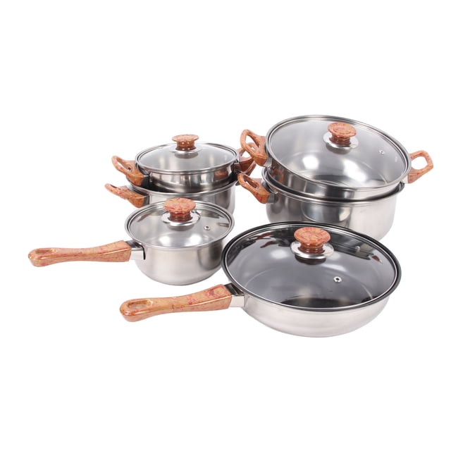 Sartenes de Ollas de Acero inoxidable, Modelo de Madera de Grano de Madera práctica Sartenes de Manejo Ergonomico set para cocinar