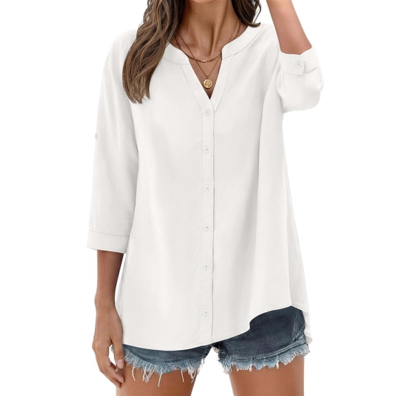 Fantaslook Womens 3/4 Sleeve Button Down Shirts V Neck Roll Up Sleeve Tops Cotton Linen Casual Summer Blouses Shirts
