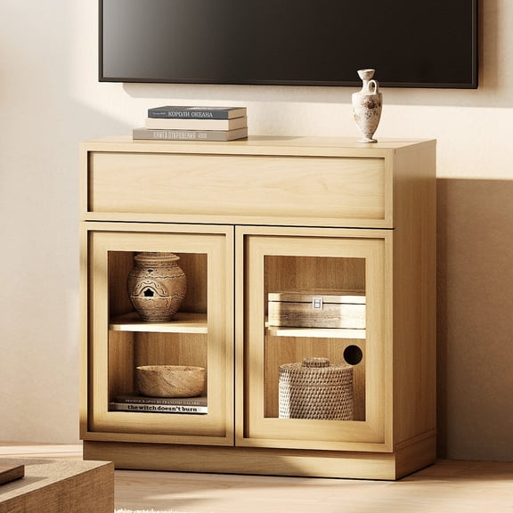 WAMPAT Modern TV Stand for TVs Up to 40", Wooden Entertainment Center TV Console with 2 Glass Doors and Drawer, Media Console Cabinet with for Adjustable Shelf Living Room, Bedroom, Oak