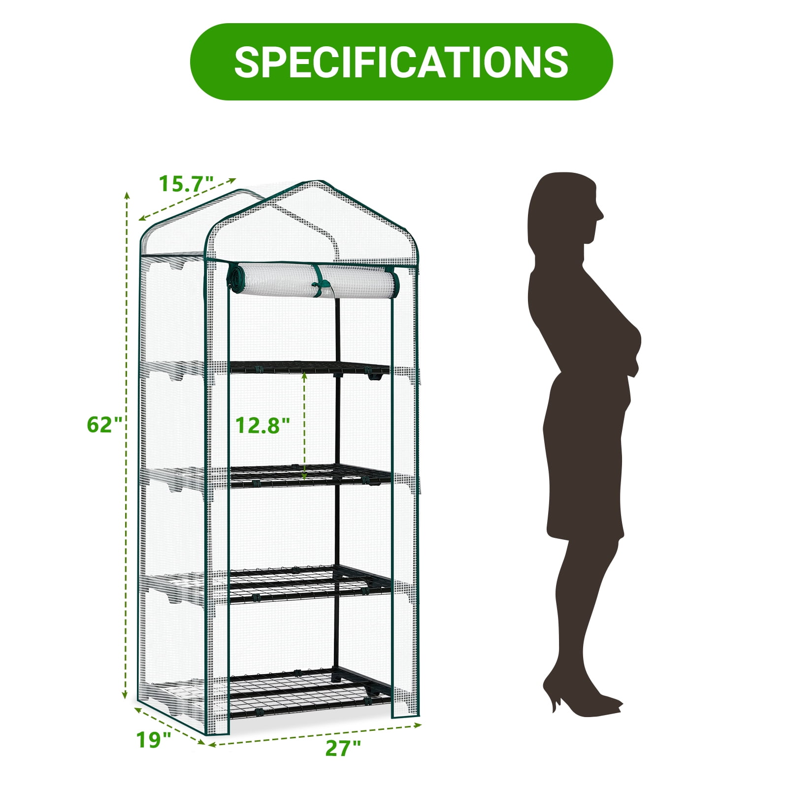 Zimtown 4-Tier Greenhouse, 27x19x62in, PE Cover for Plants, Flowers, Herbs - White