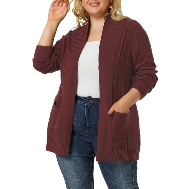 GRACE & GRANDEUR Women's Plus Size Open Front Long Sleeves Sweater Mid Length Cardigan 3X Burgundy