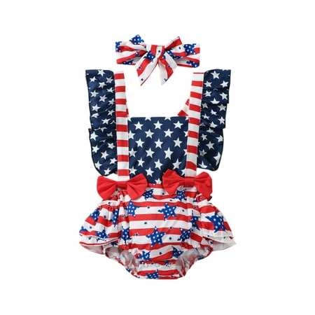 

Sunisery Independence Day Baby Girl Outfit Summer Stars Stripes Flying Sleeve Rompers and Stretch Headband 4th of July Set
