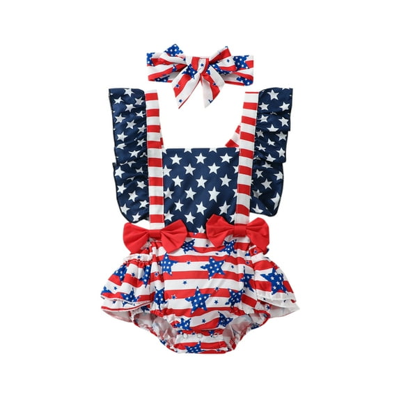 Coduop Independence Day Baby Girl Jumpsuit Set Stars Flying Sleeve Rompers and Stretch Headband