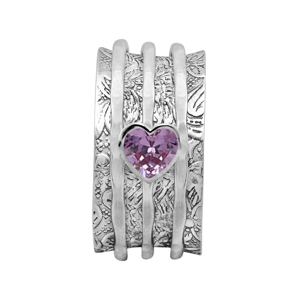 5mm Heart Amethyst 925 Sterling Silver Meditation Anxiety Women Wedding Spinner Ring