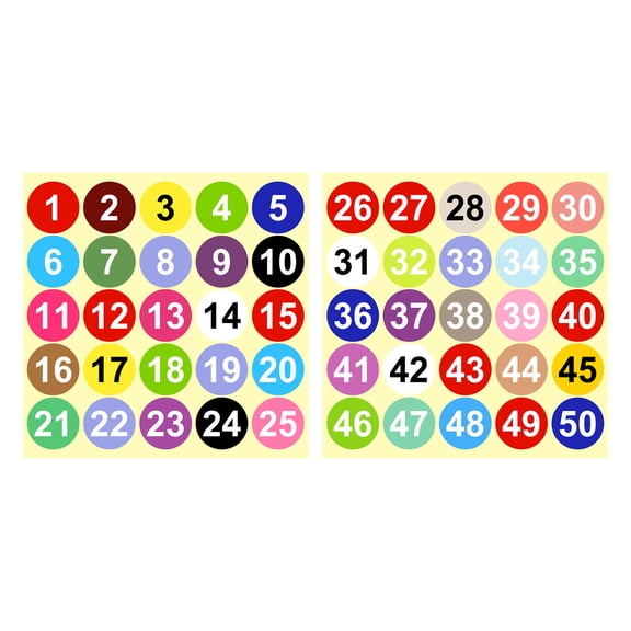 1 to 50 Number Stickers 1.5 Inch, Vinyl Round Labels for Inventory, Multicolor