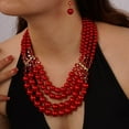 thumbnail image 6 of 1920s Flapper Faux Pearl Strand Necklace and Earrings Set Boho Vintage Layered Long Chunky Crystal Stacked Choker for Women, 6 of 12