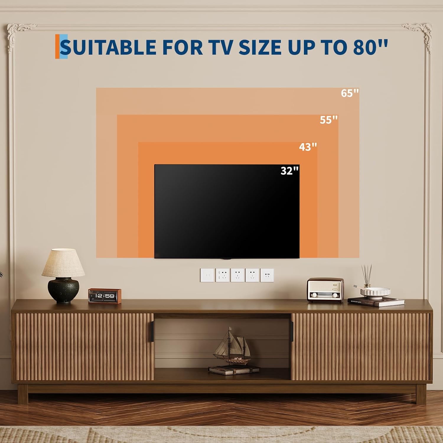 Fluted TV Stands for TVs Up to 80 Inches, Mid Century Modern Entertainment Center with Open Storage Compartments,Media TV Consoles 70" Long Wooden TV Console