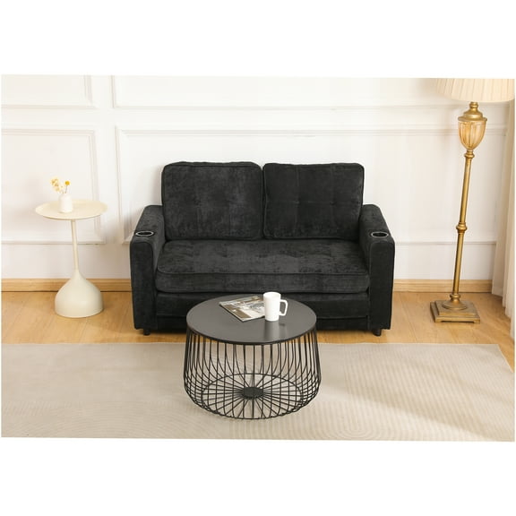 JERFIT 3-in-1 Convertible Sofa Bed for Small Spaces, Velvet Futon Couch Sleeper with Storage Pockets, Black