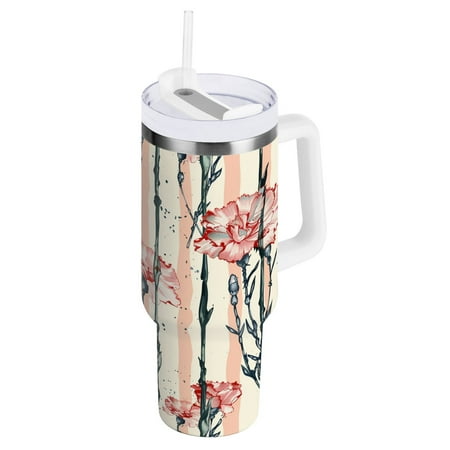 

JSTEL Carnation Flower Stripes 40 oz Tumbler Stainless Steel Water Bottle Vacuum Insulated Cup with Straw Lid & Handle For Travel Car Cup Holder