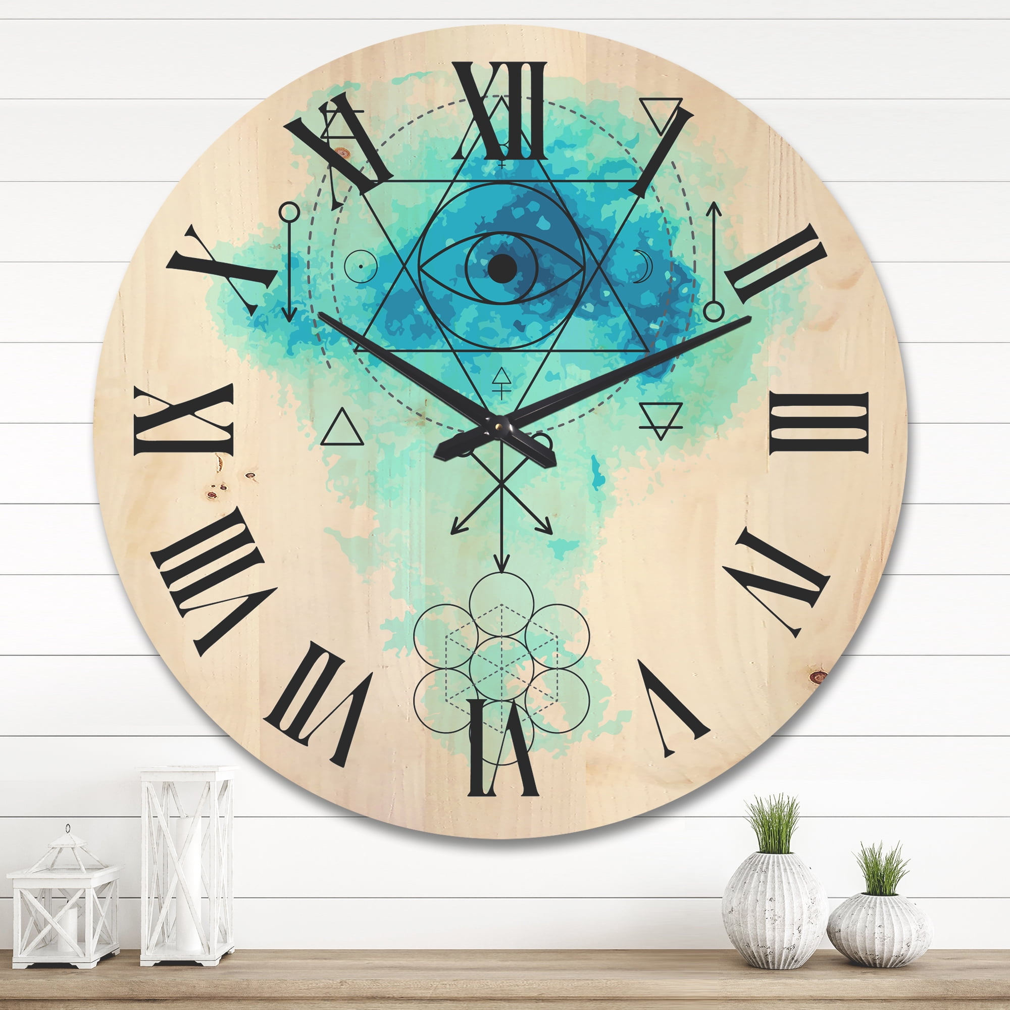 Designart 'Sacred Geometry and Symbol of Alchemy II' Bohemian & Eclectic Wood Wall Clock