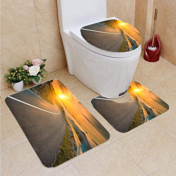 ABPHQTO Conducir la carretera de montaña contra el sol naciente Juego de alfombras de baño de 3 piezas Alfombra de baño Alfombra de contorno y tapa de inodoro ABPHQTO Cont-CHAPPLE-28256