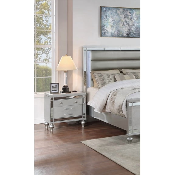 Silver Classic Luxury Wooden Nightstand with 2 Drawers & Mirror Panel