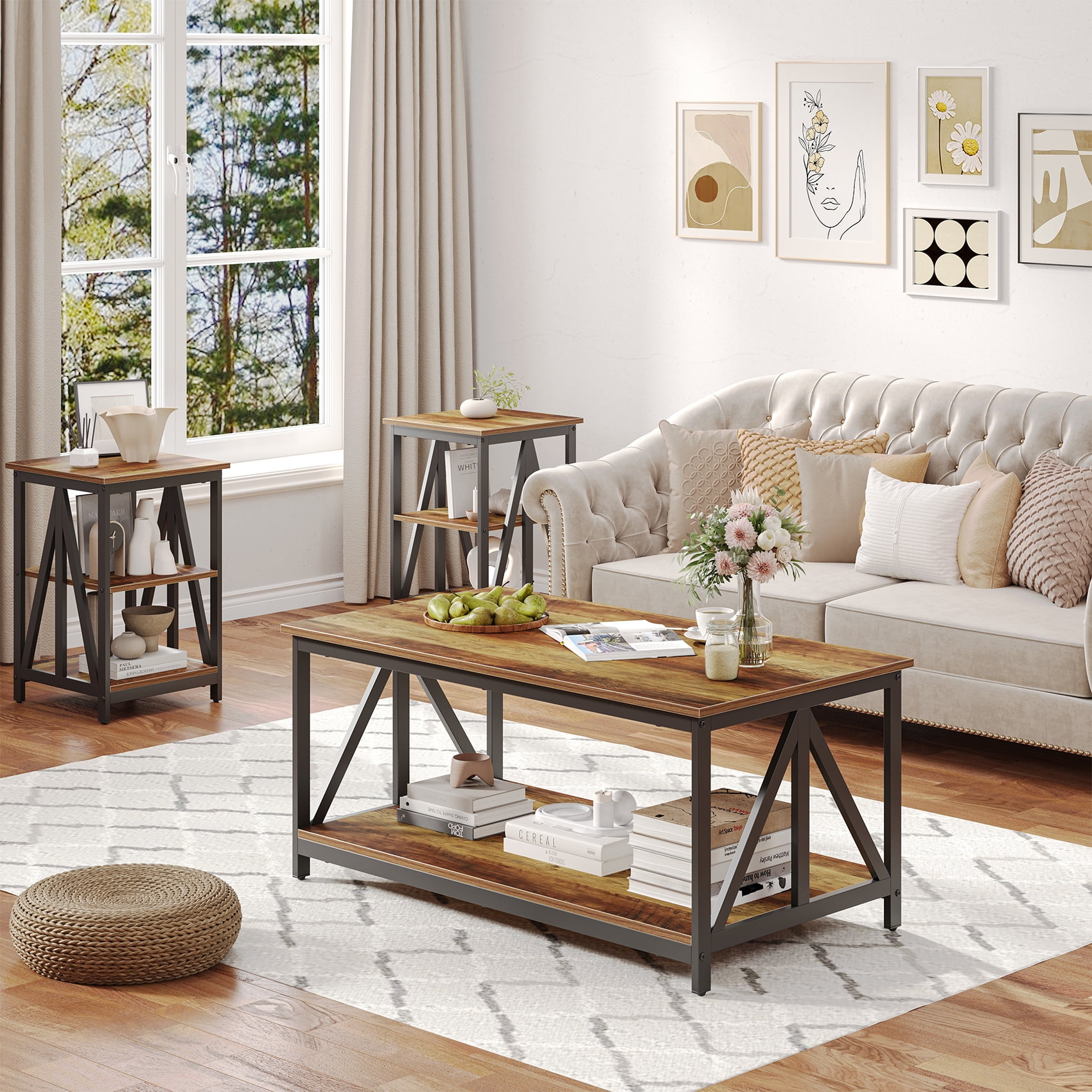 Timagebreze Wood 3-Piece Table Sets Includes 1 and 2 End Tables Home Accent Furniture for Living Room