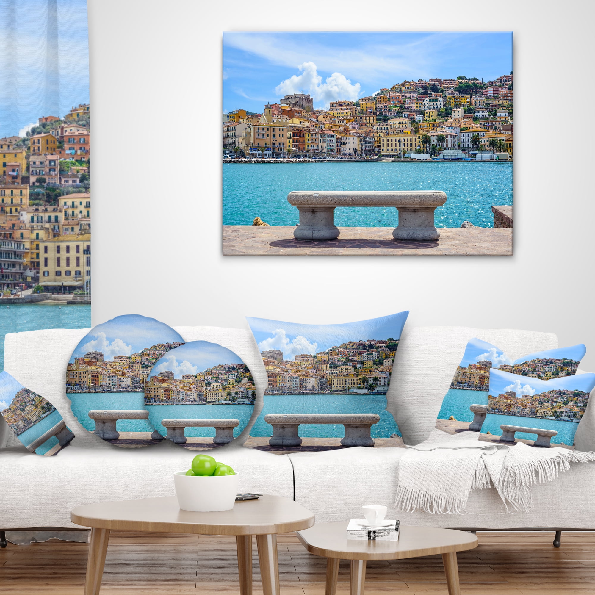 Designart Seafront Bench in Port Santo Stefano - Seashore Throw Pillow - 18x18