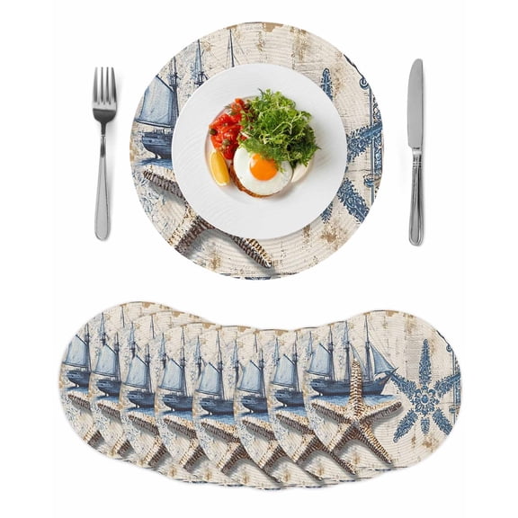 Vintage Nautical Round 13 Inch Placemats Set of 8, Summer Coastal Floral Starfish HeatResistant Non Slip Place Mats for Dining Table, Wipeable Braided Kitchen Table Mats for Housewarming