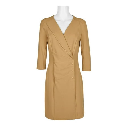 NANETTE Nanette Lepore V-Neck Long Sleeve Trench Solid Stretch Crepe Dress-HAZELNUT / 6