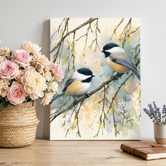 Sparrows on Branch Canvas Wall Art, Funny Bird Vintage Framed Canvas Wall Decor Picture Print Artwork Decorations for Living Room Office Ready to Hang 18" x 12"