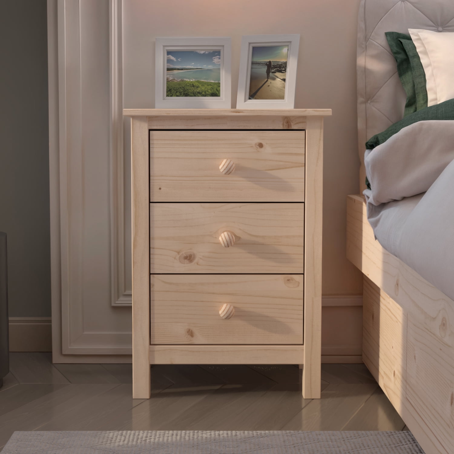 From the Tree Furniture Tall Nightstand with 3 Drawers, Solid Pine Wood, Unfinished
