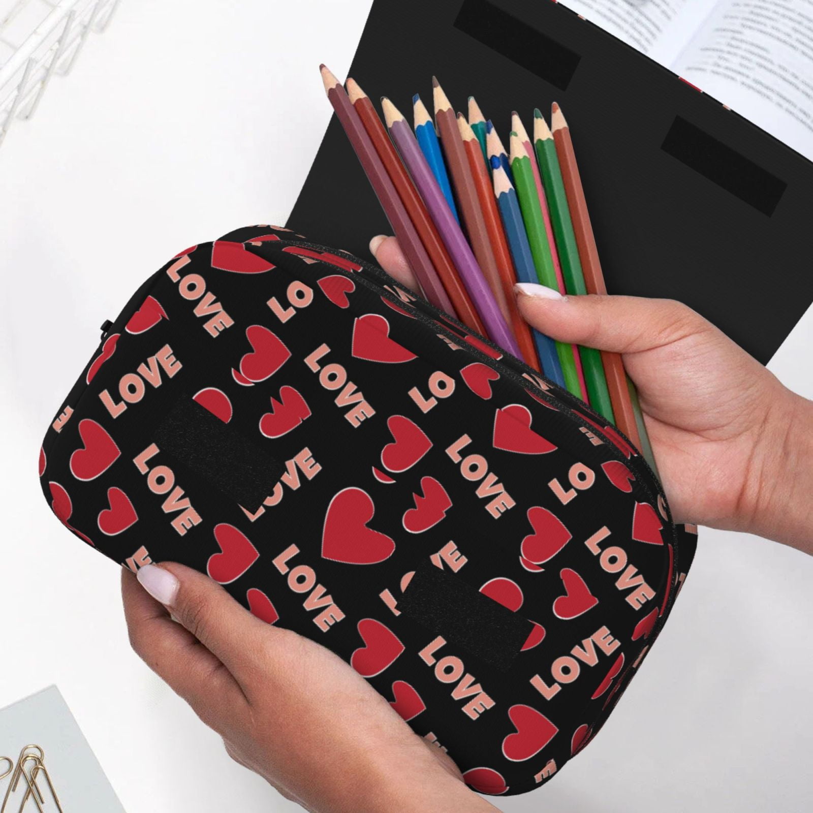 Rateoe Heart and love Pattern Double Clamshell Pen Case, Storage Organizer with Two Zipper Compartments– Holds Up to 50 Pencils & Pens