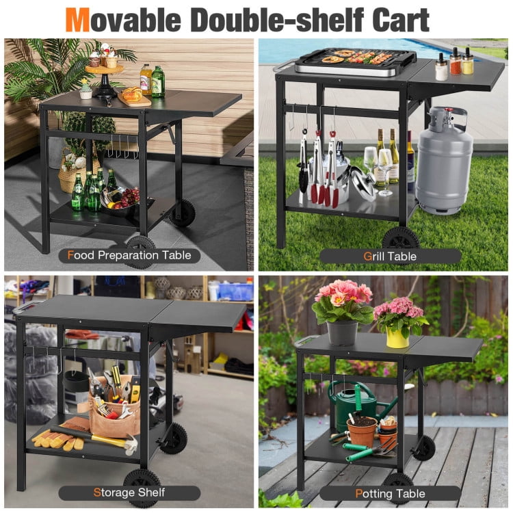 Resenkos Outdoor Patio Barbecue Cooker, Outdoor Grills,Movable Outdoor Grill Cart with Folding Tabletop and Hooks-Black