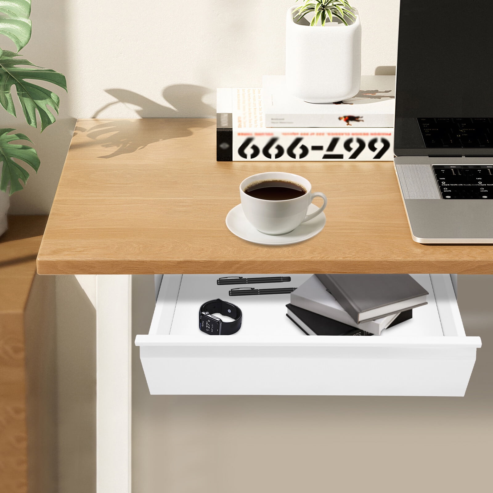 Under Desk Mounted Sliding Pull-out Drawer, Storage Organizer for Sit Stand Workstation, Pull-out Drawer White
