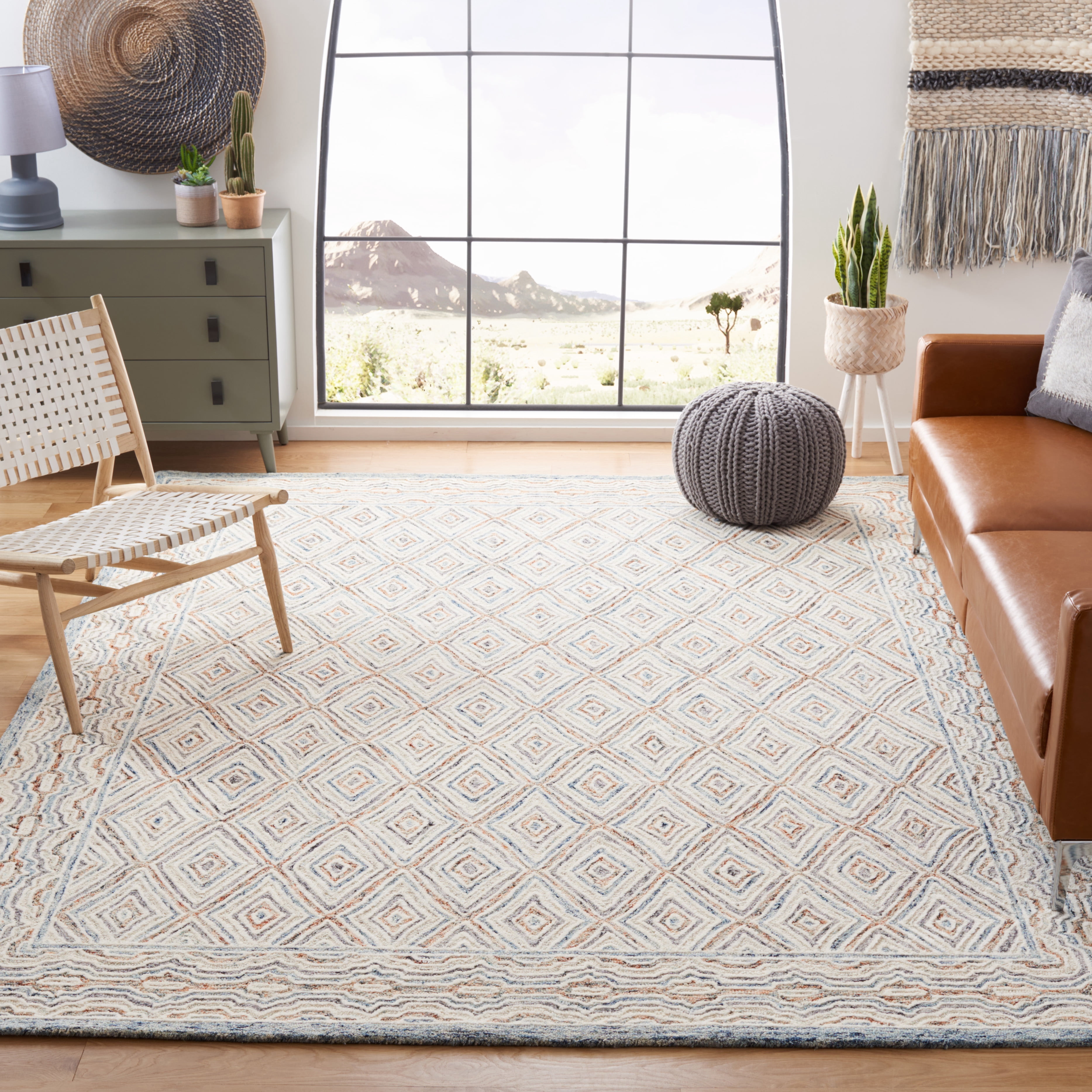 SAFAVIEH Capri Blair Diamond Wool Area Rug, Blue/Rust, 4' x 6'