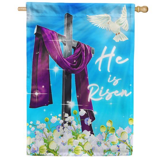 America Forever He is Risen Easter House Flag 28 x 40 inch Double Sided Religious Cross Tullips Flowers Dove Small Spring Holiday Seasonal Easter Day Flags for Outdoor Yard Lawn Decoration