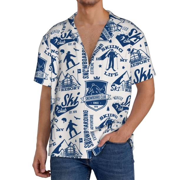 Fotbe Skiing Enthusiast Camisa Estampada de Manga Corta para Hombre, Casual de Verano, Estilo Playero, Sin Arrugas-XX-Large