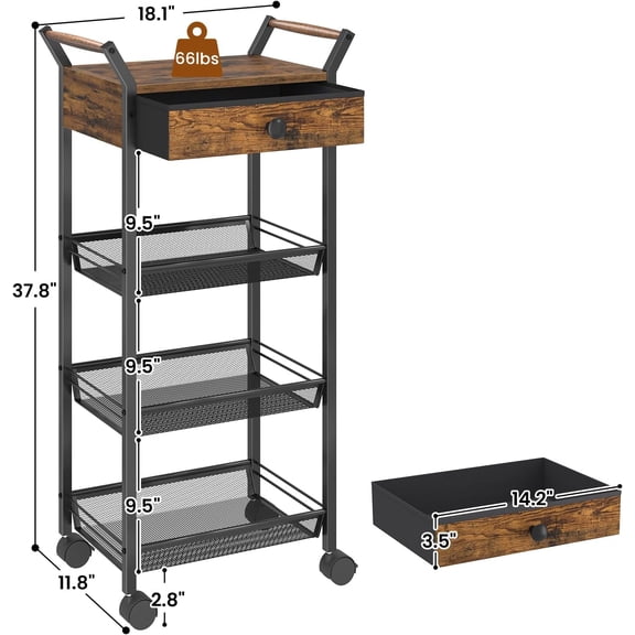 Large Capacity Storage Cart, Rolling Utility Cart with Table Top, Handles, 2 Lockable Wheels, Top Drawer, Rolling Cart Organizer for Kitchen, Bathroom, Craft, Makeup, Rustic Brown
