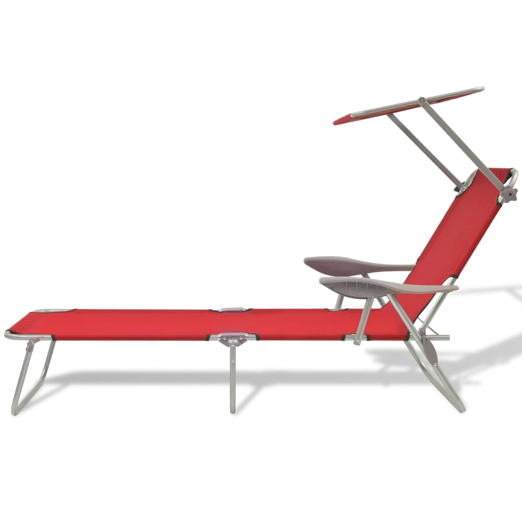 Clearance Outdoor Lounge Bed with Canopy, Folding Camping Sun Relaxing Chaise for Garden Patio, Red