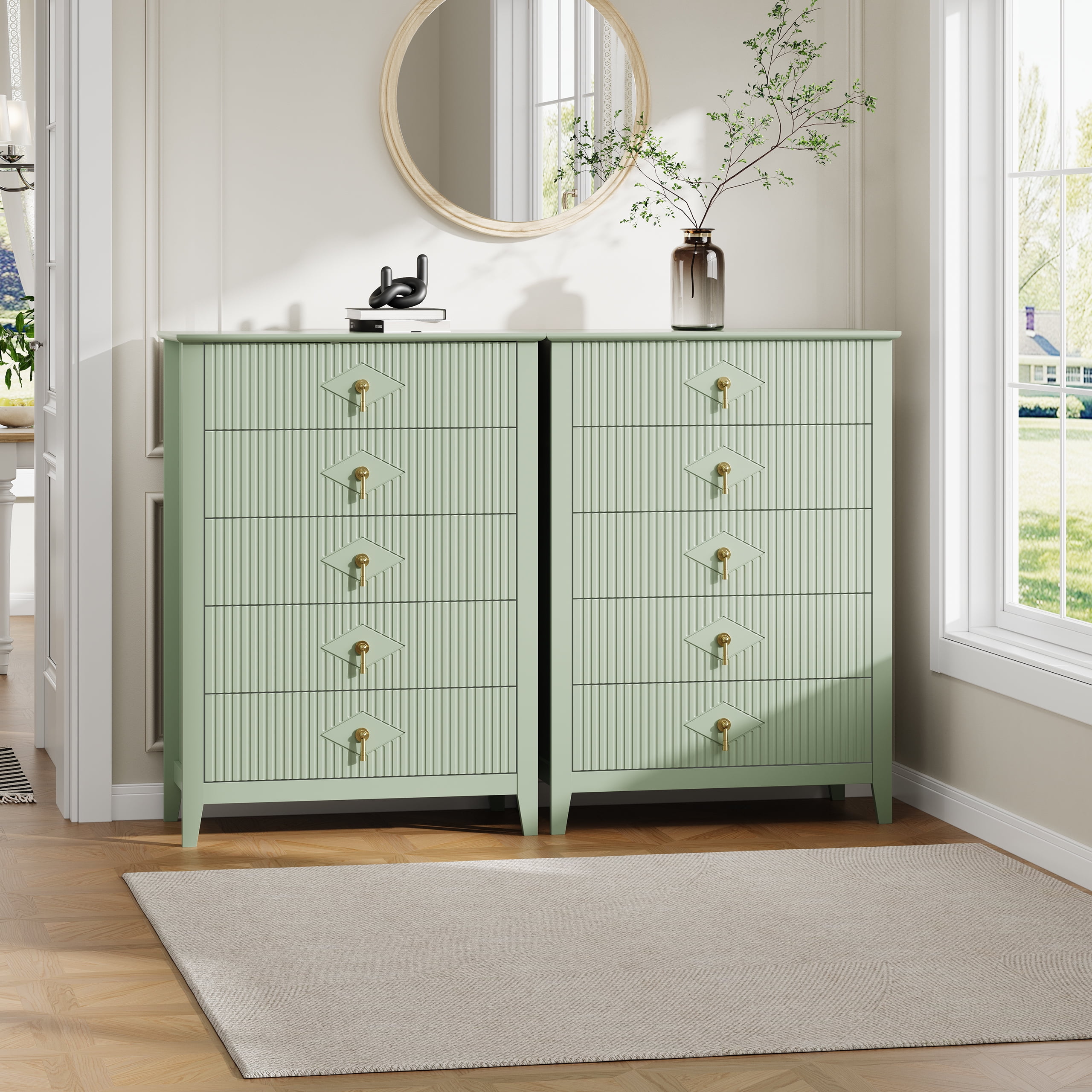 Fluted 5 Drawers Dresser,42.9"Wide Modern Chest of Drawers with Gold Metal Handle,Dresser TV Stand, Wood Drawer Organizer for Bedroom, Living Room, Hallway