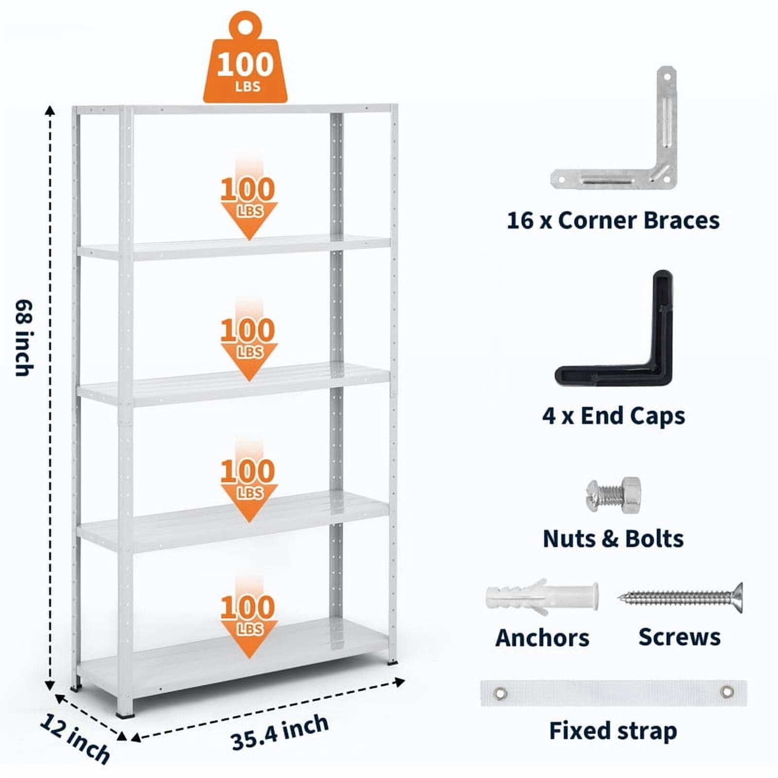 Metal Storage Shelves Adjustable 5-Tier Heavy-Duty (68″H × 35″W × 12″D)