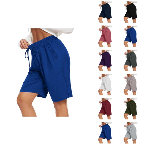 Womens Bermuda Shorts Elastic Waistband with Drawstring Pockets Breathable Knee Length Bermuda Long Shorts for Women